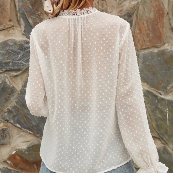 Boho V neck Swiss Dot Sheer Sleeve Lace Blouse - Picture 9 of 10